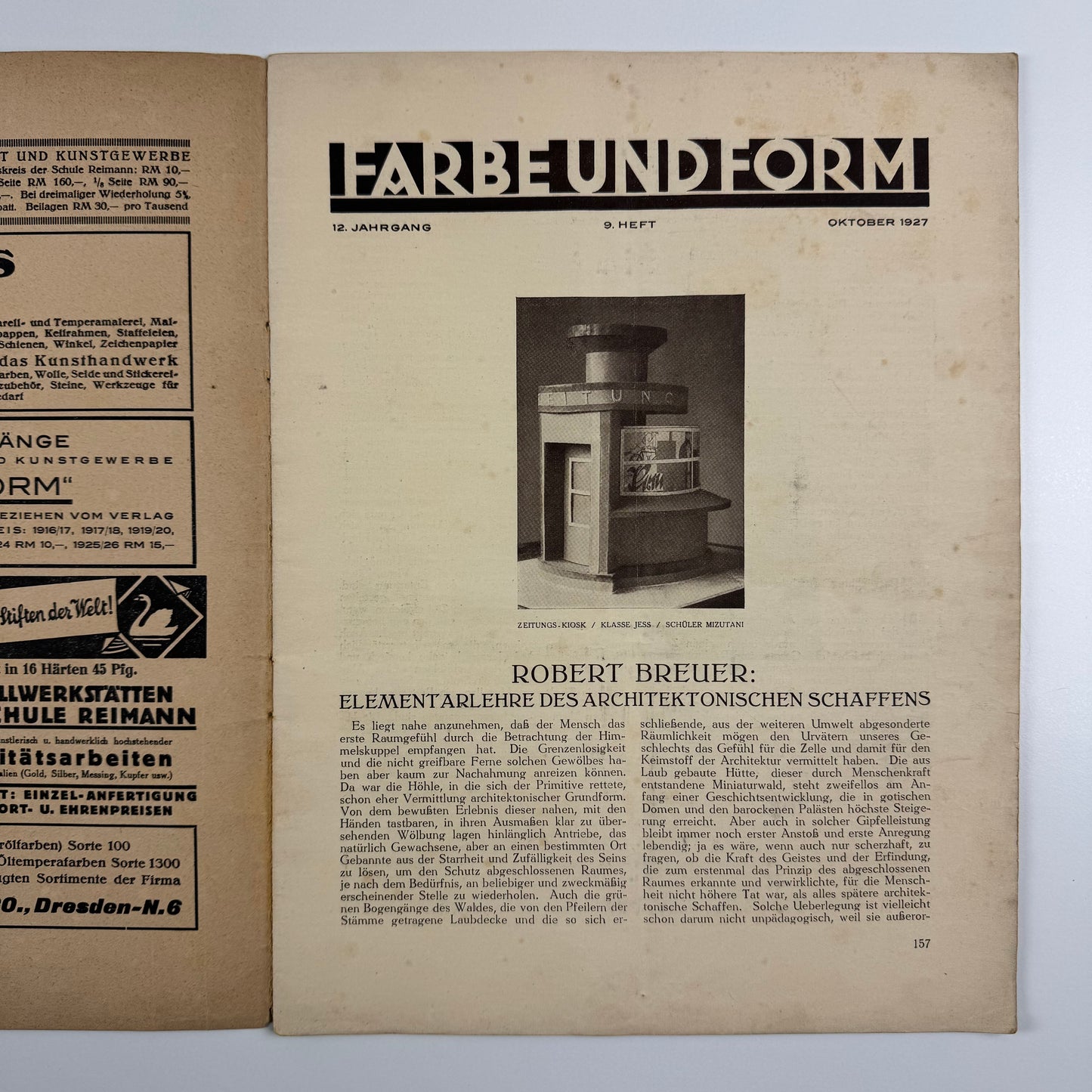 Farbe und Form. Monatsschrift für Kunst und Kunstgewerbe | Mit der beilage 'Mitteilungen der Schule [Albert] Reimann' |  12 Jahrgang, 9, October 1927