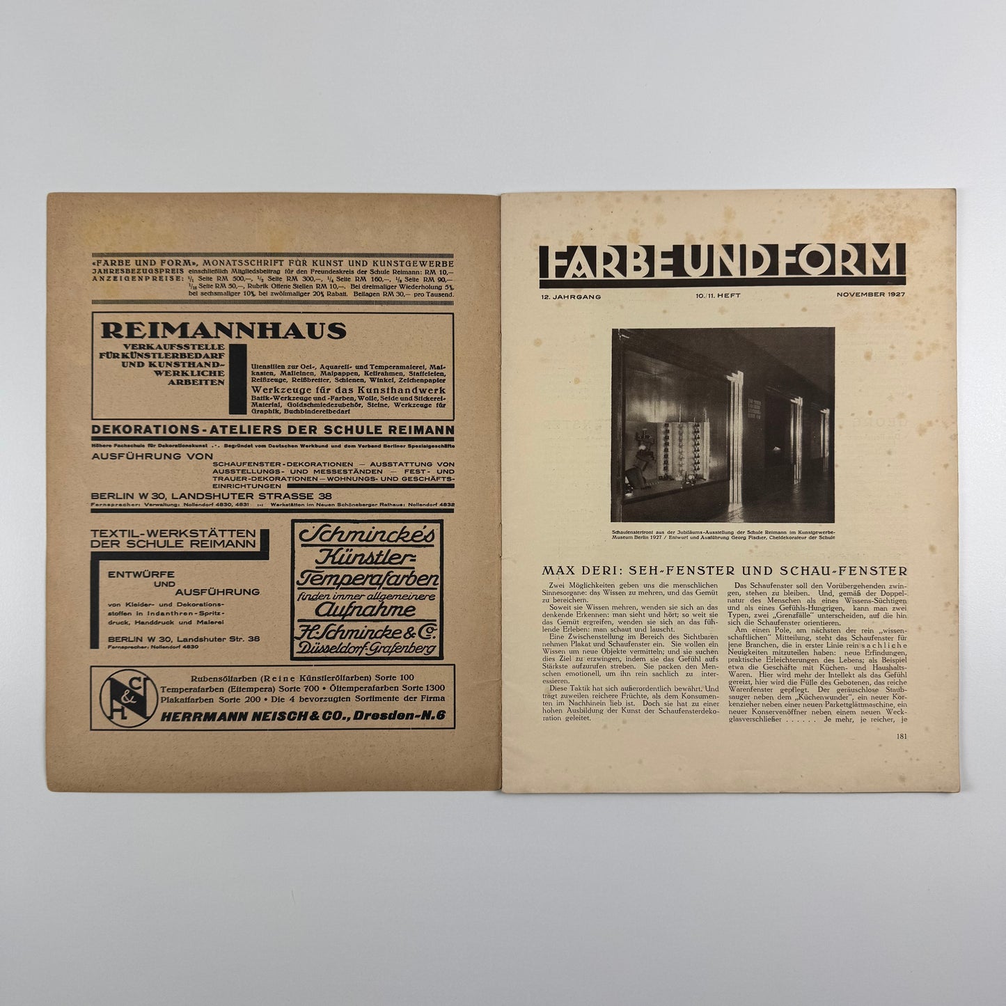 Farbe und Form. Monatsschrift für Kunst und Kunstgewerbe | Mit der beilage ‘Mitteilungen der Schule [Albert] Reimann' |  12 Jahrgang, 10/11, November 1927