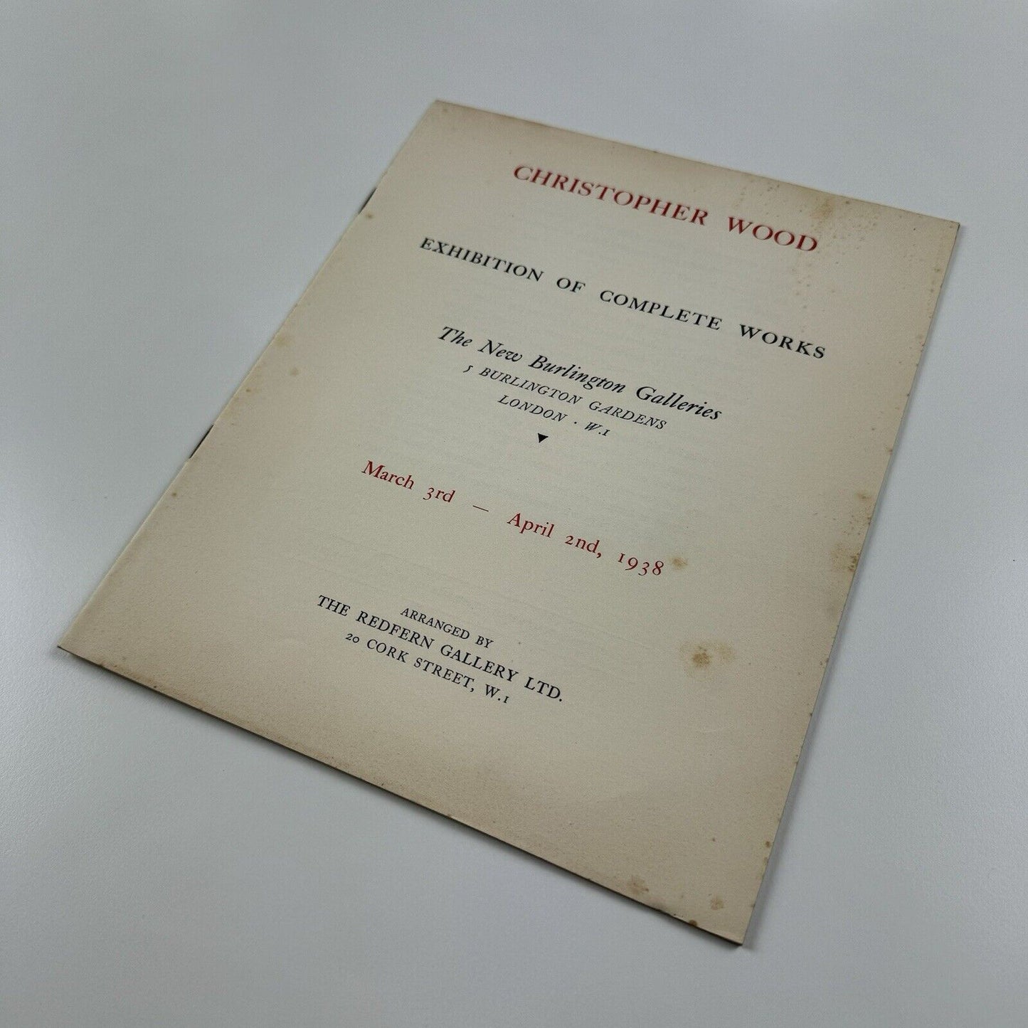 Christopher Wood – Exhibition of Complete Works | New Burlington Galleries / Redfern Gallery leaflet, 1938