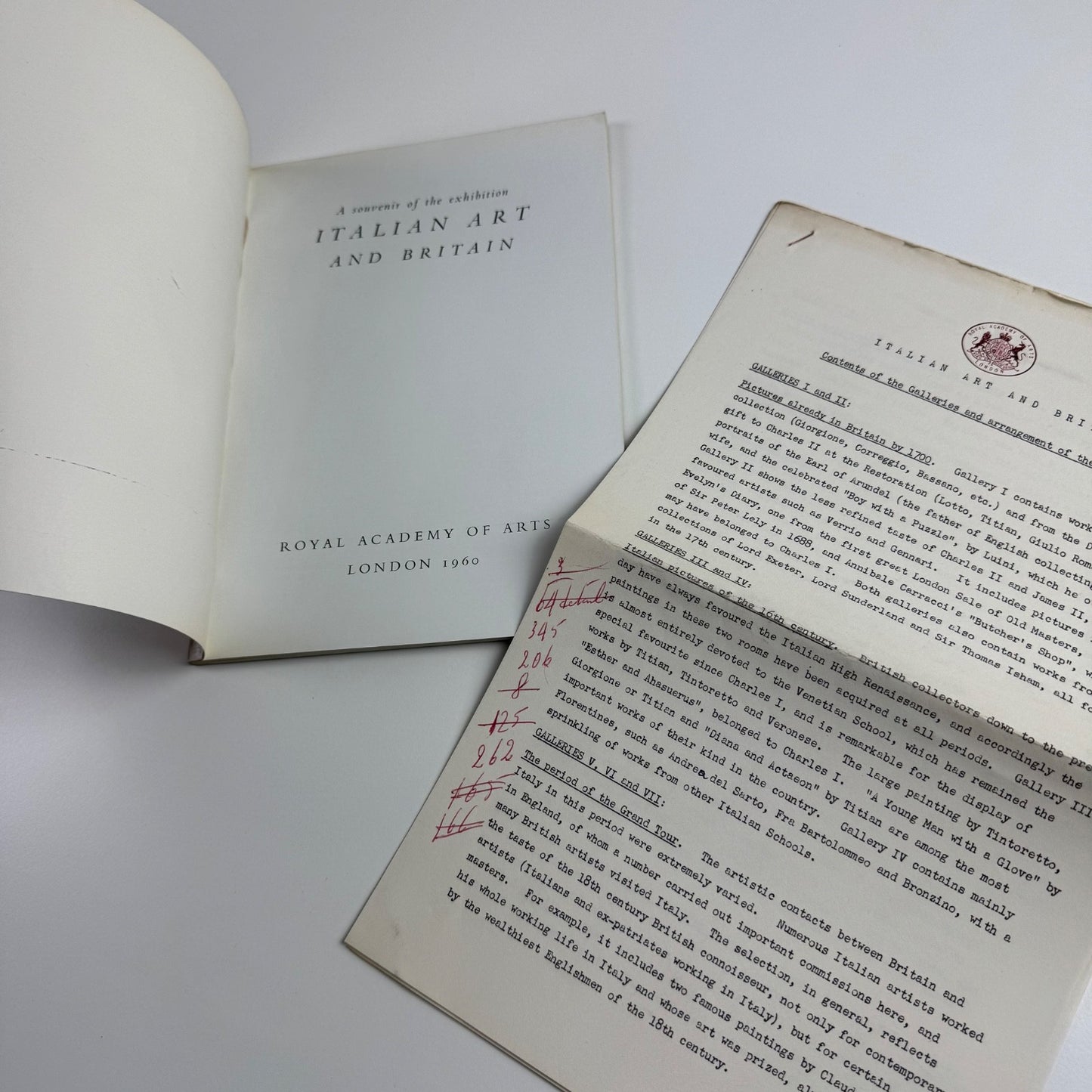 Italian Paintings from British Collections Royal Academy of Arts, 1960 + typed guide to the contents of the galleries