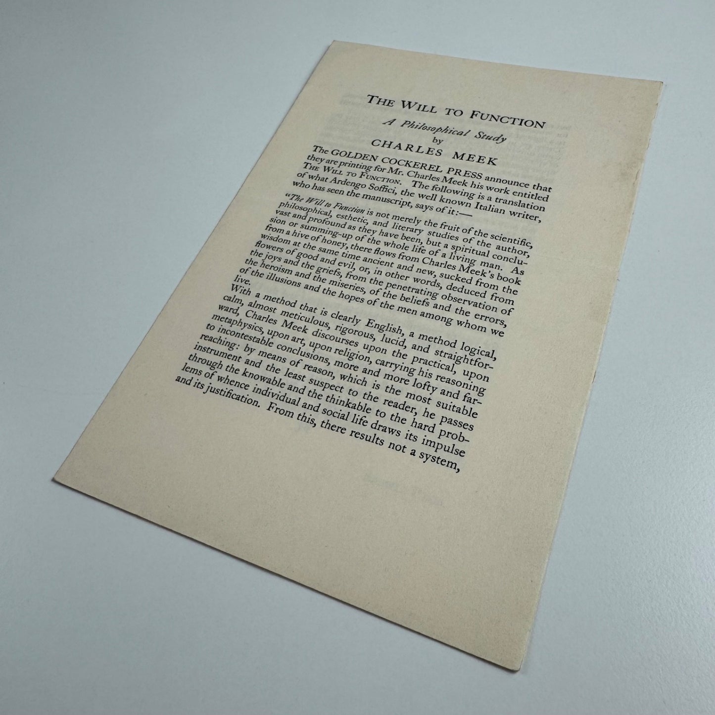 Prospectus for The Will to Function Charles Meek | Golden Cockerel Press, 1929