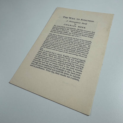 Prospectus for The Will to Function Charles Meek | Golden Cockerel Press, 1929
