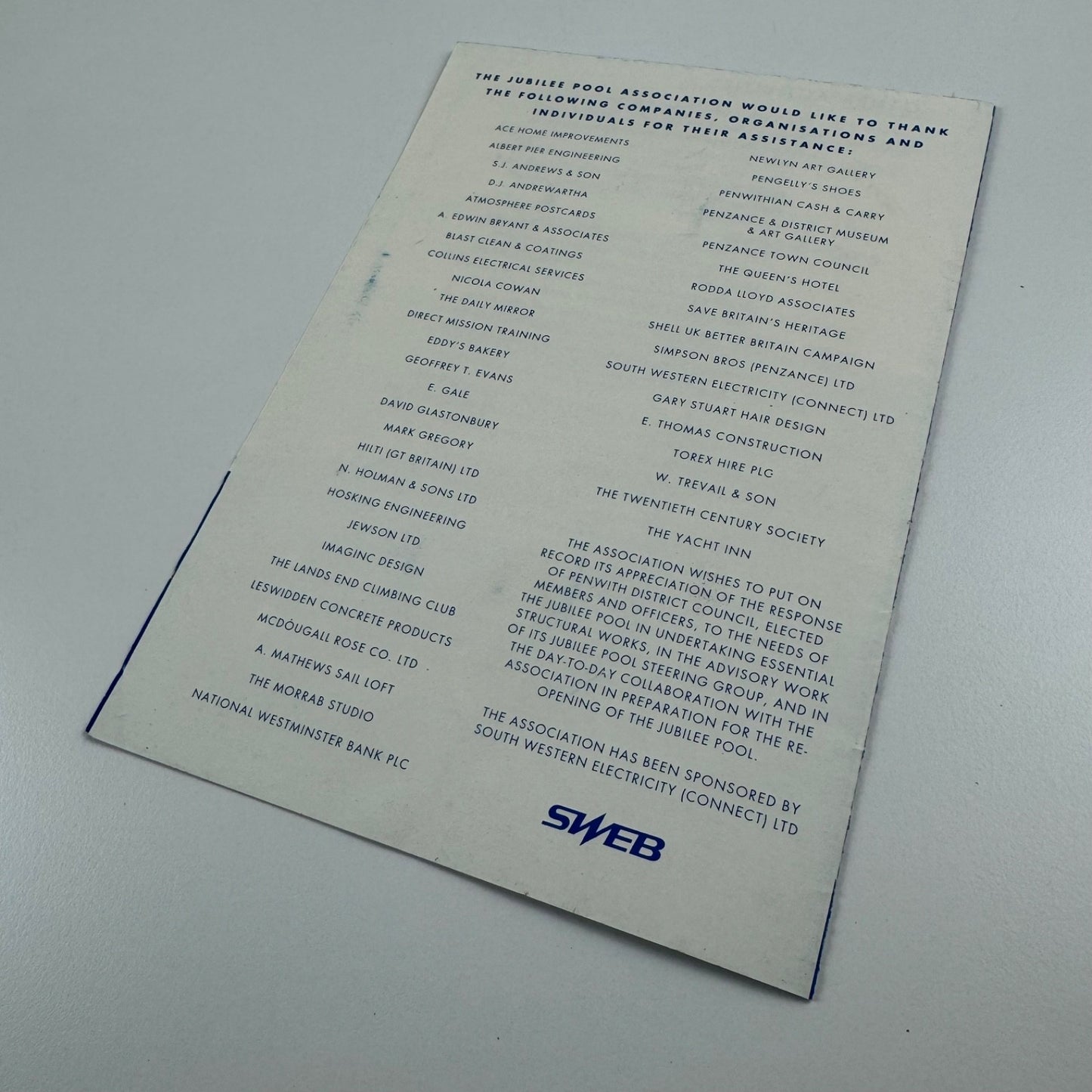 Souvenir brochure to commemorate The Grand re-opening of the Jubilee Pool Penzance 30 May 1994