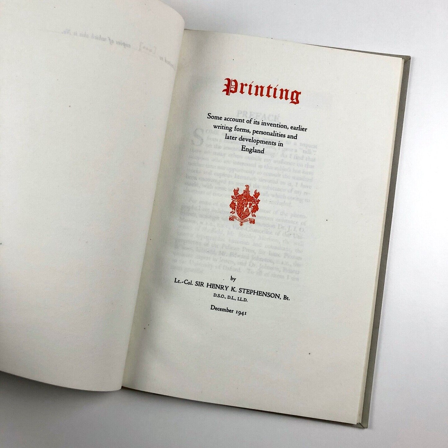 Printing. Some Account of its Invention, Earlier Writing Forms, Personalities and Later Developments in England | Lt Col Sir Henry K. Stephenson, 1941
