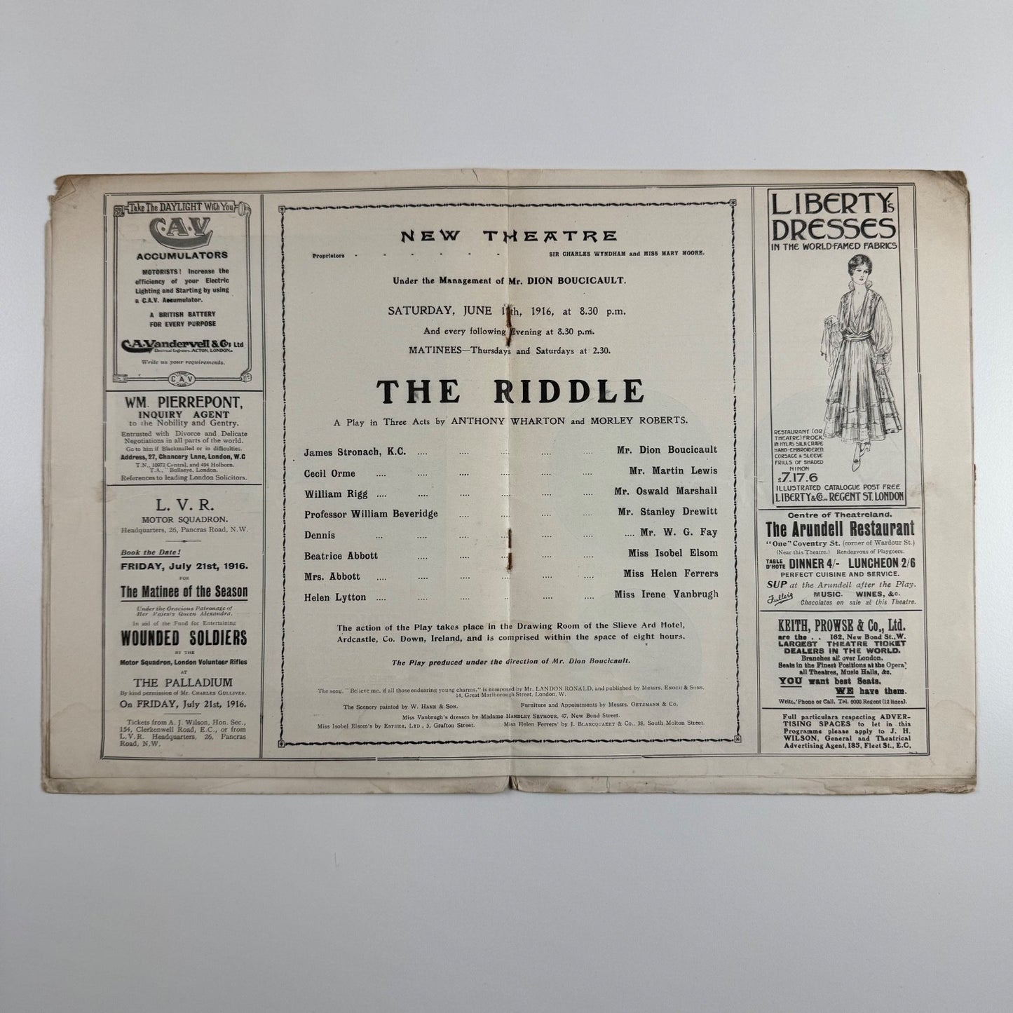 Programme New Theatre ‘The Riddle’ by Anthony Wharton & Morley Roberts 1916