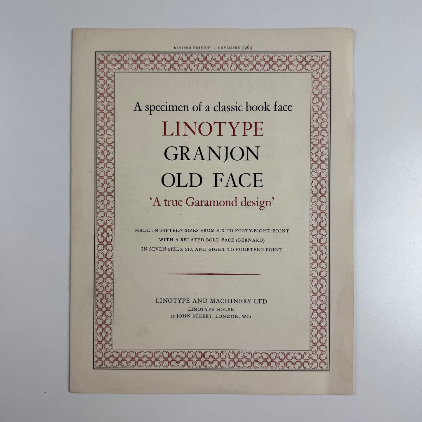 Type specimen sheet: A specimen of a classic book face Linotype Granjon Old Face, 1963