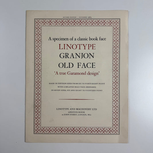 Type specimen sheet: A specimen of a classic book face Linotype Granjon Old Face, 1963
