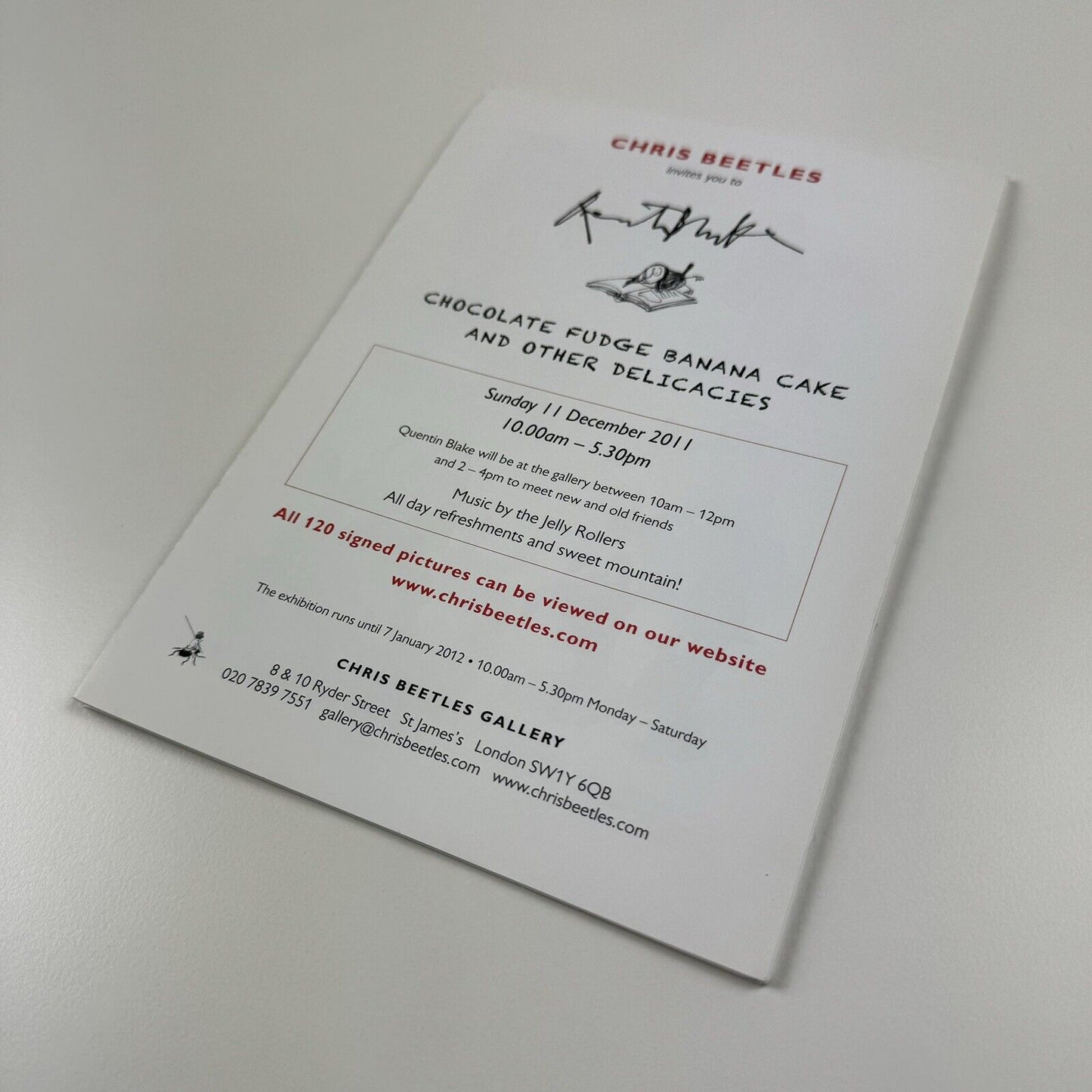 Promotional sheet/private view invite Quentin Blake Chocolate Fudge Banana Cake and Other Delicacies | Chris Beetles Gallery, 2011