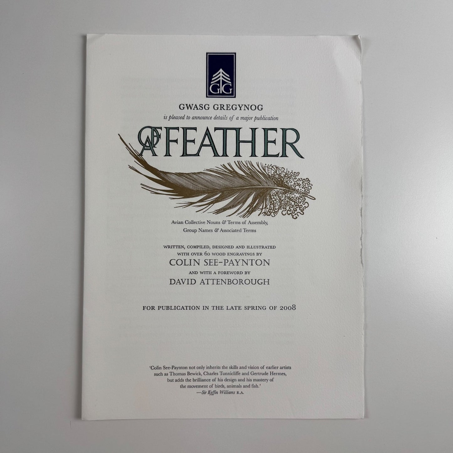 Leaflet for 'Of a Feather' by Colin See-Paynton | Gwasg Gregynog, 2008