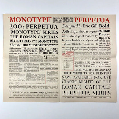 Lanston Monotype Machine Company, Philadelphia | Perpetua type specimen sheet | Eric Gill | Monotype Corporation, 1946