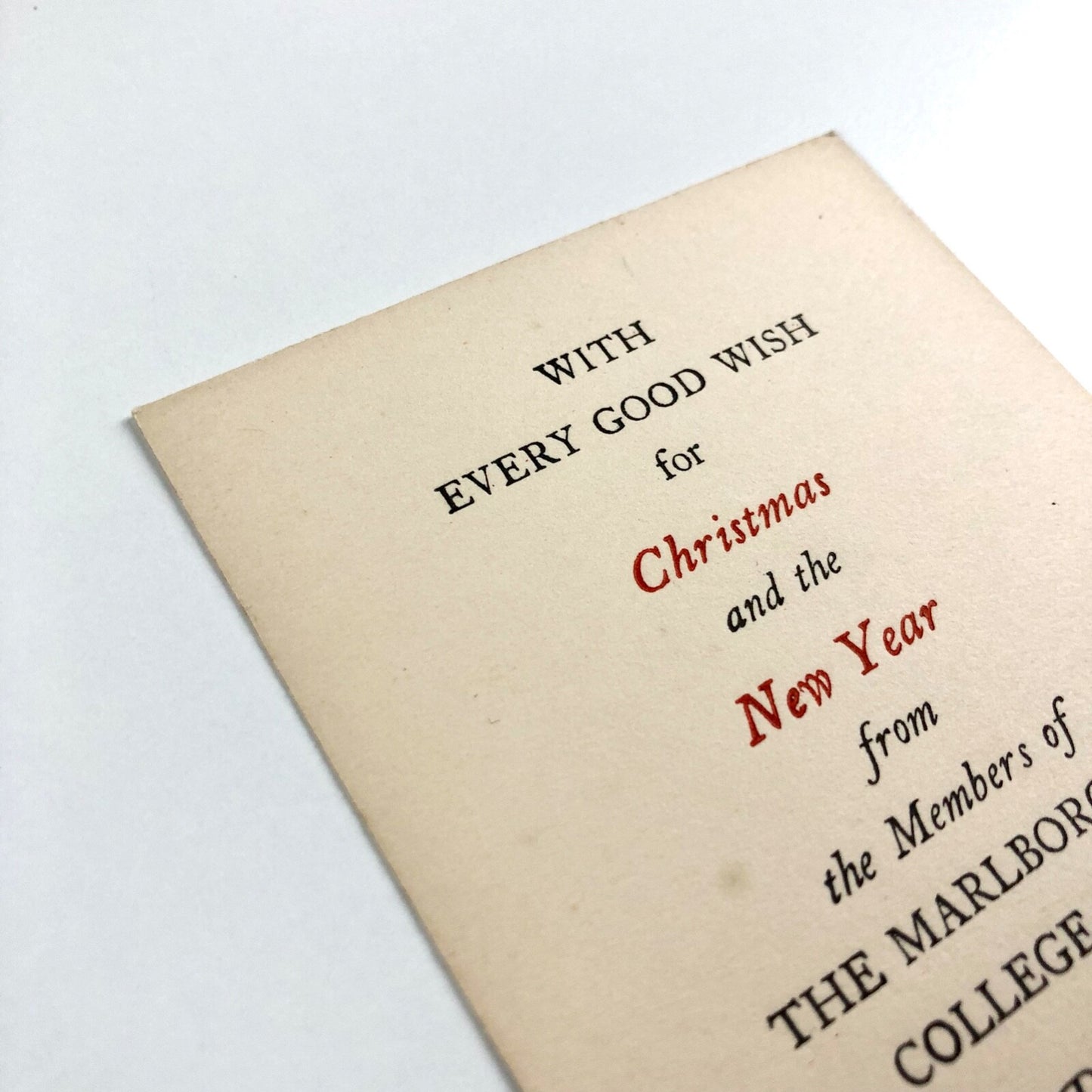 Small Christmas card – from the Members of The Marlborough College Press | December 1945