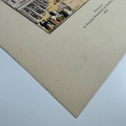 Coloured print hot air balloon, Madame Blanchard’s ascension Aerial Press 1956