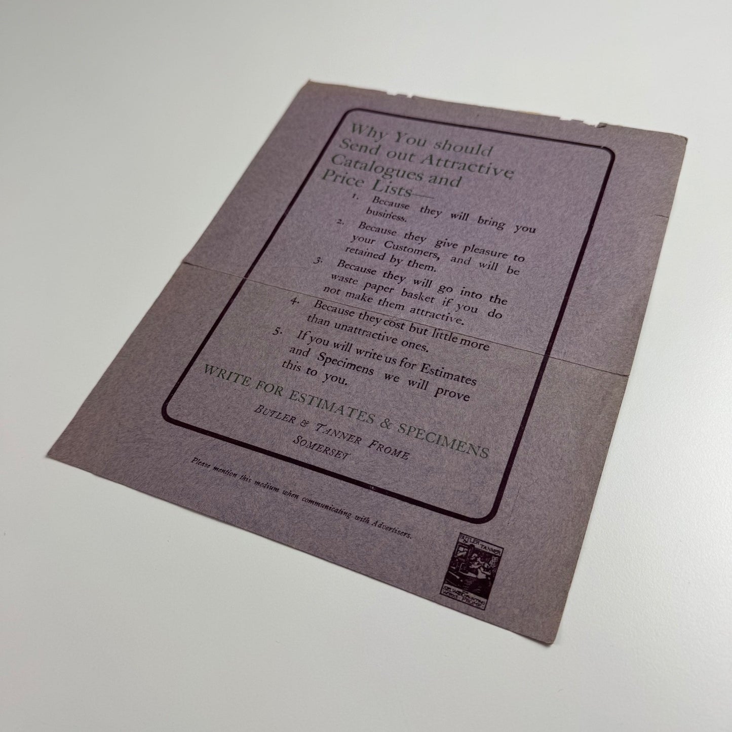Single sheet/page relating to Butler & Tanner Speciality Publicity Printing Selwood Printing Works Frome