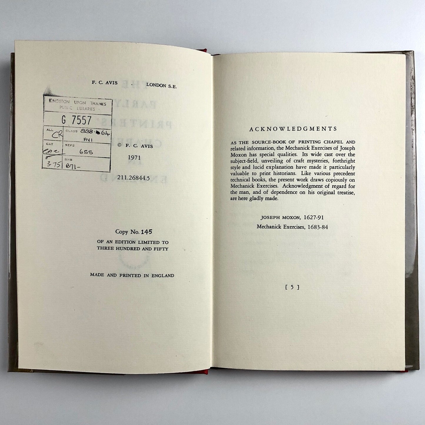 The Early Printers' Chapel in England by F C Avis | Limited edition 1971