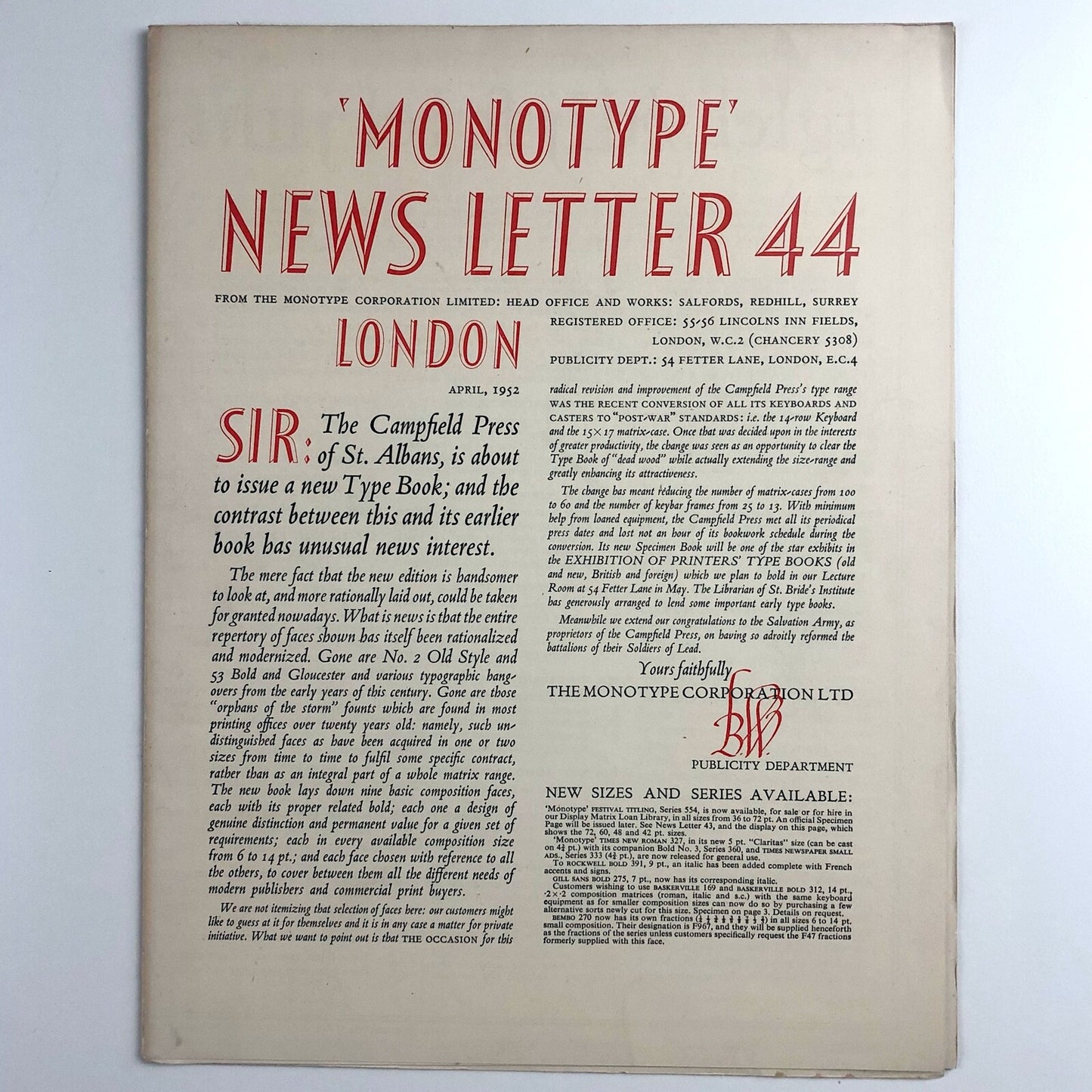 Monotype News Letter 44 | April 1952 – How and Why Type Faces Differ | Broadsheet