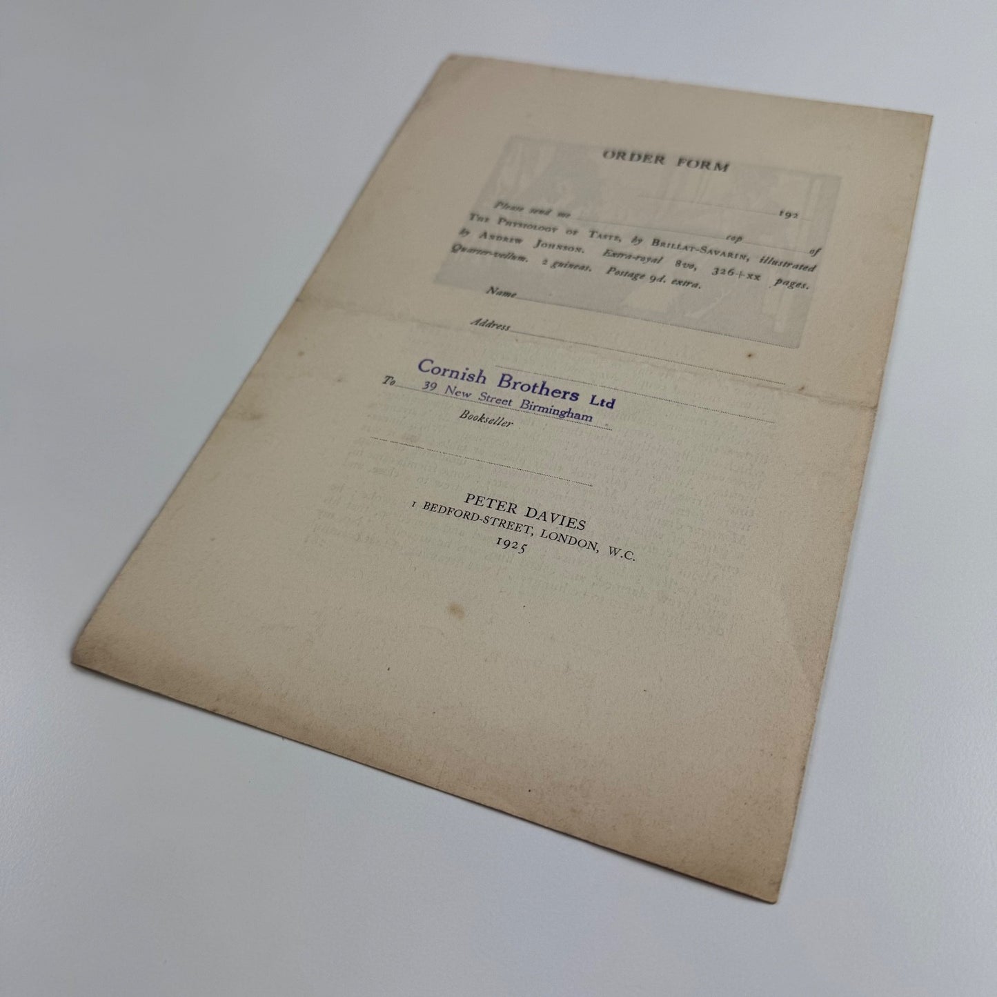 Prospectus for The Physiology of Taste by Brillat-Savarin | Peter Davies, 1925