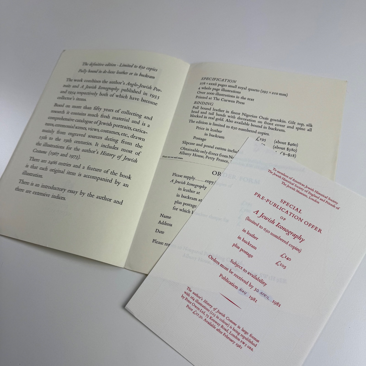 Prospectus for A Jewish Iconography by Alfred Rubens Nonpareil Publishing, 1981