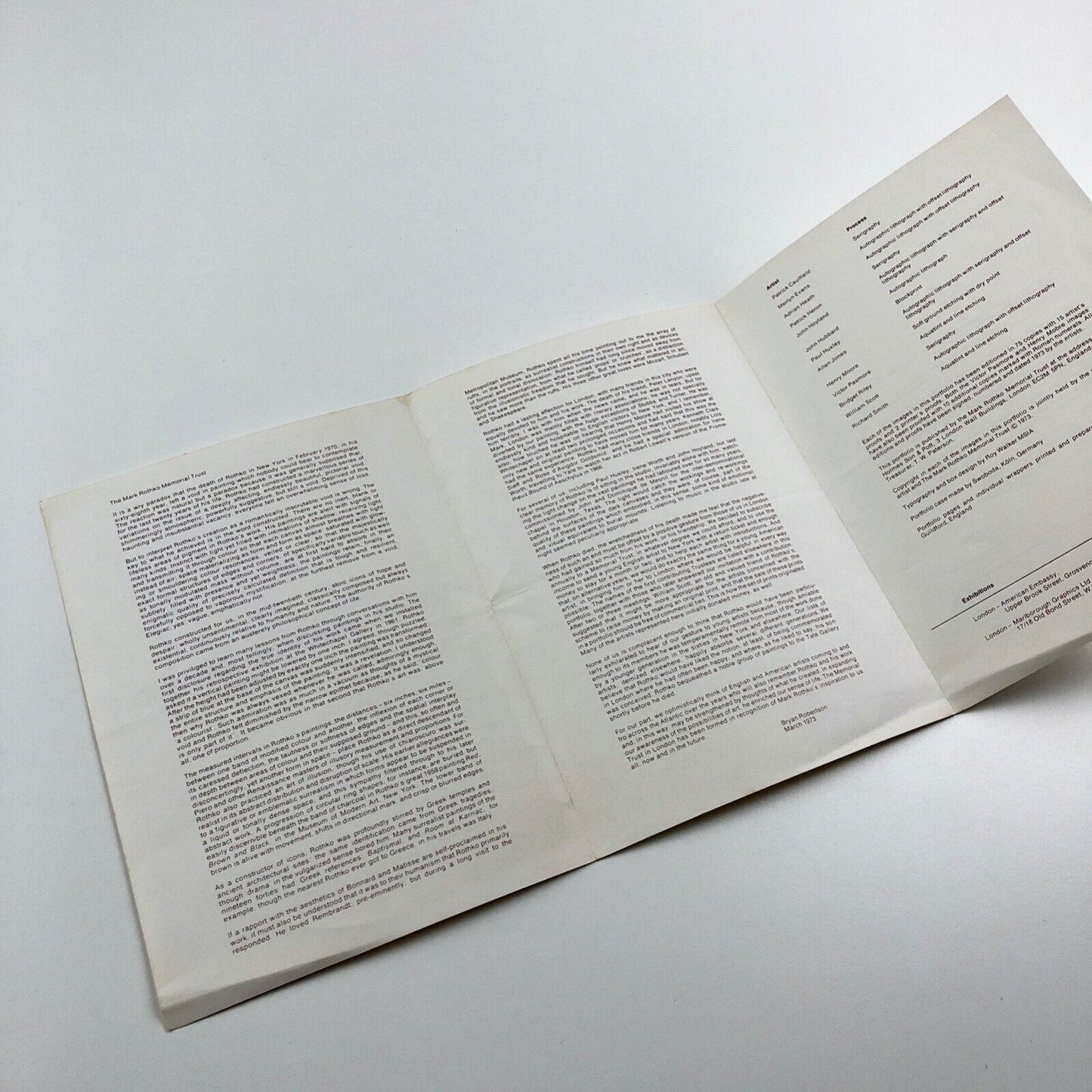 Leaflet for [Mark] Rothko Memorial Portfolio, 1973 | introduction by Bryan Robertson
