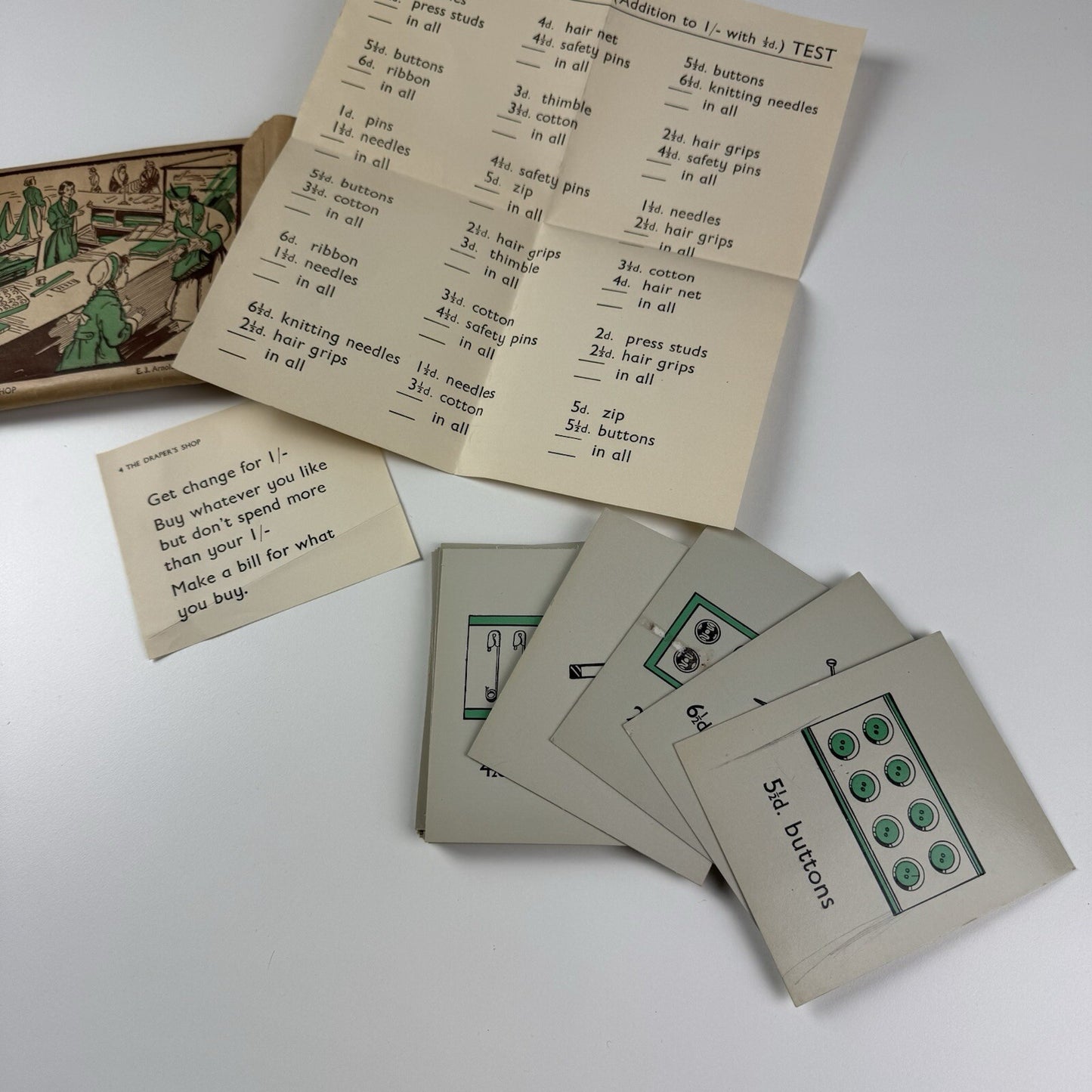 No 4 The Draper's Shop educational maths toy | E.J. Arnold c.1950s 22 cards