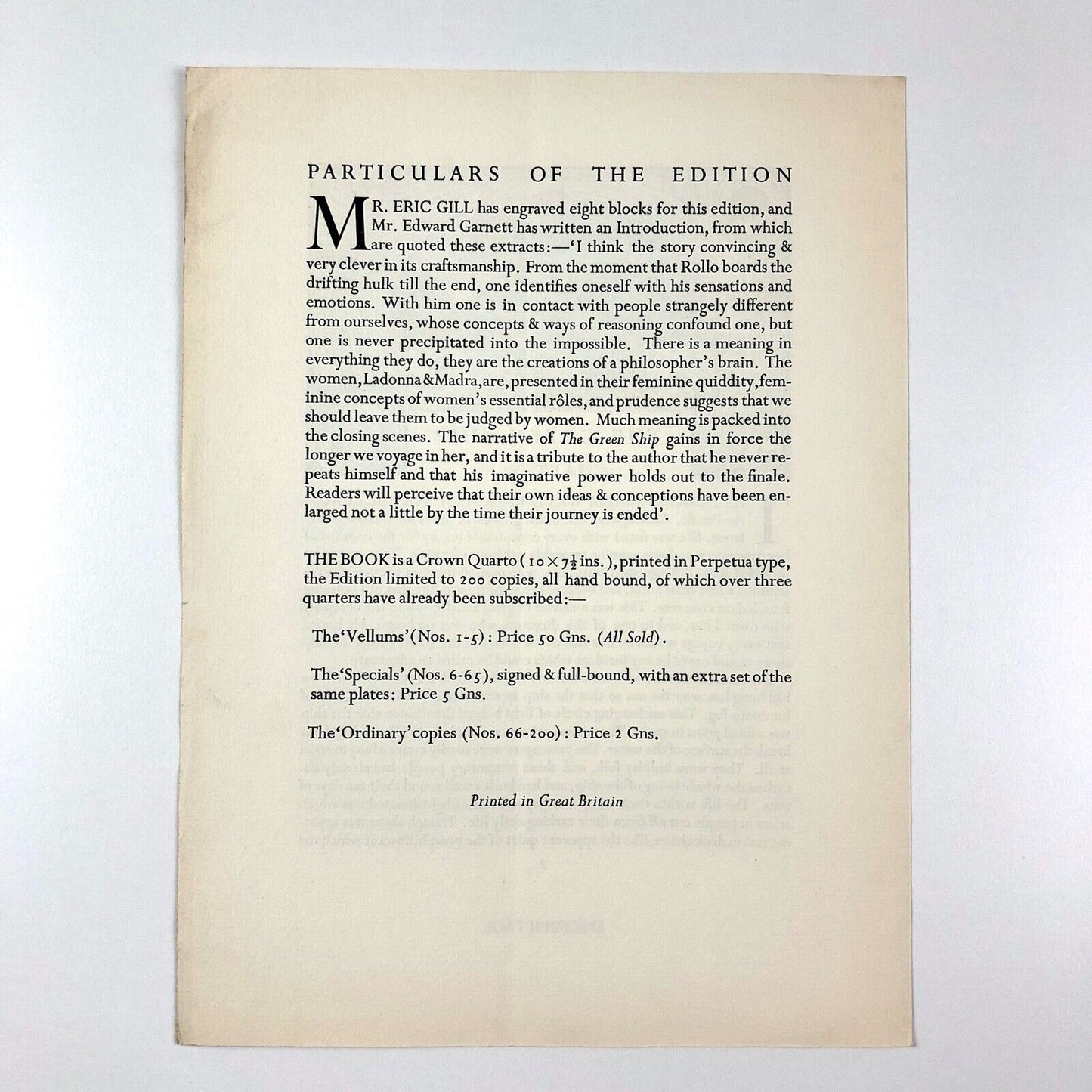 The Green Ship specimen page | Golden Cockerel Press | Eric Gill | Patrick Miller