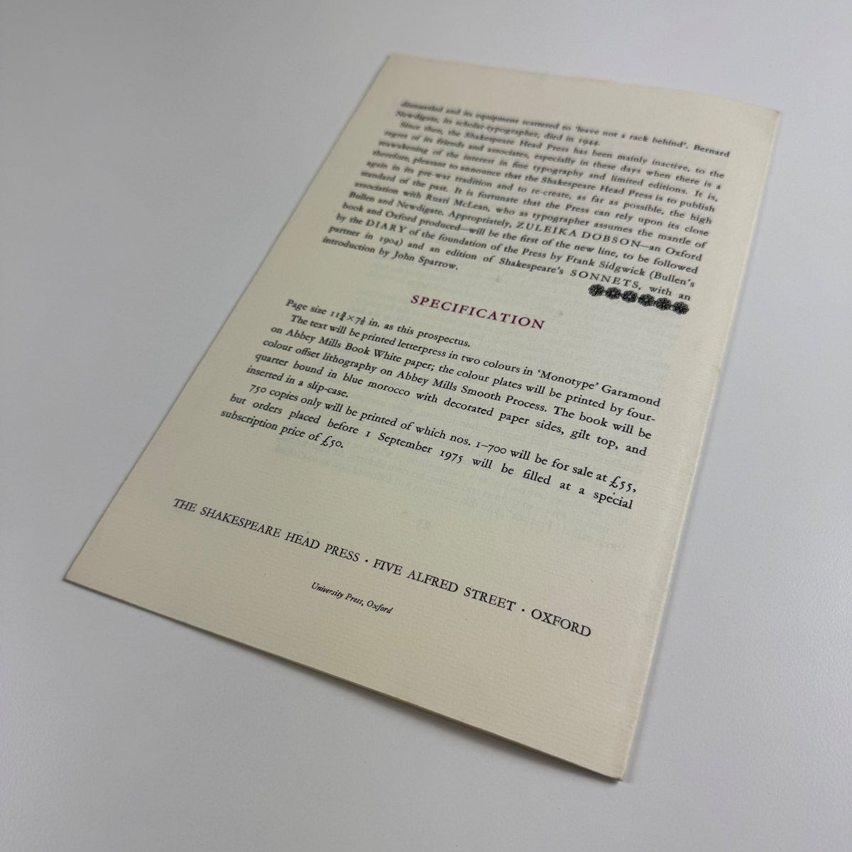 Prospectus for Zulieka Dobson | The Shakespeare Head Press, 1975
