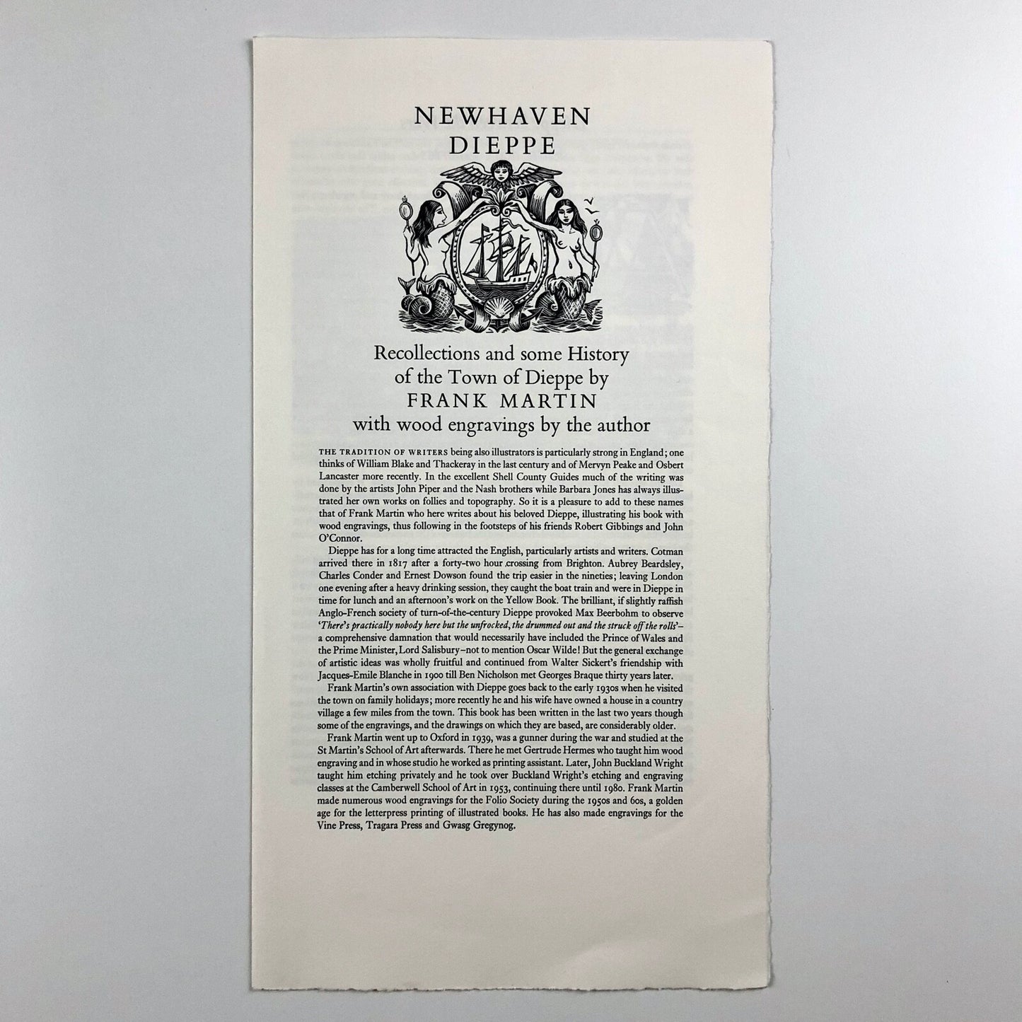 Prospectus for Newhaven Dieppe. Recollections and some History of the Town of Dieppe by Frank Martin with wood engravings by Frank Martin | The Previous Parrot Press c.1986