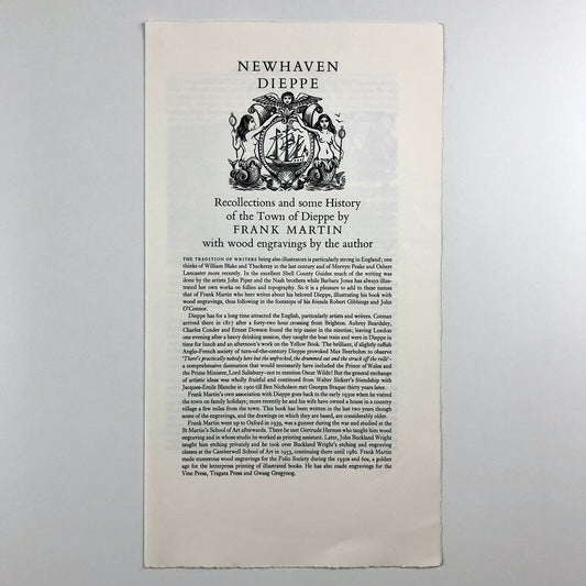 Prospectus for Newhaven Dieppe. Recollections and some History of the Town of Dieppe by Frank Martin with wood engravings by Frank Martin | The Previous Parrot Press c.1986