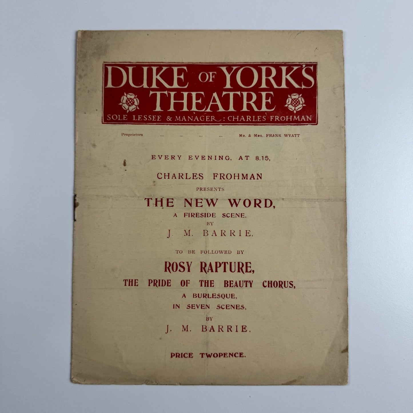 Programme - The New Word by J.M. Barrie | Duke of York's Theatre, London, c1915
