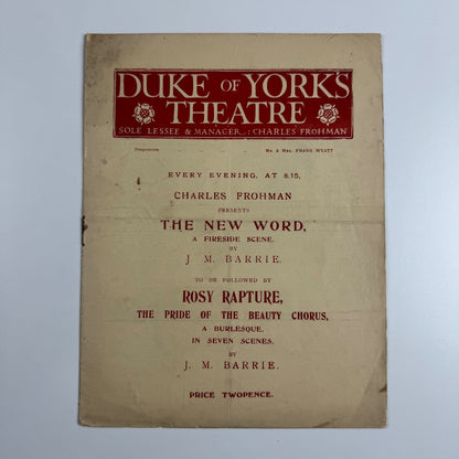 Programme - The New Word by J.M. Barrie | Duke of York's Theatre, London, c1915