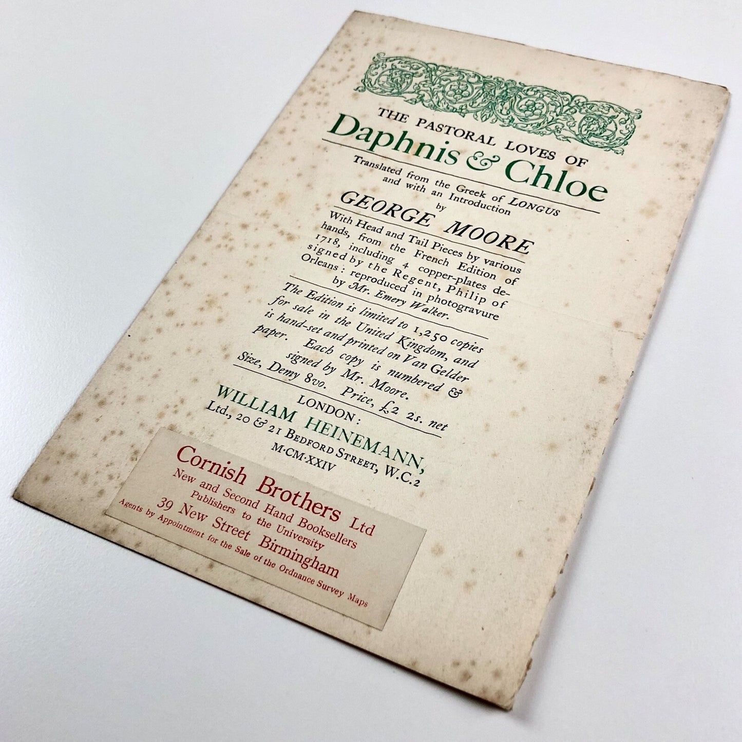 Prospectus – The Pastoral Loves of Daphnis & Chloe | Translation George Moore | William Heinemann | Undated, presumed to be c.1924