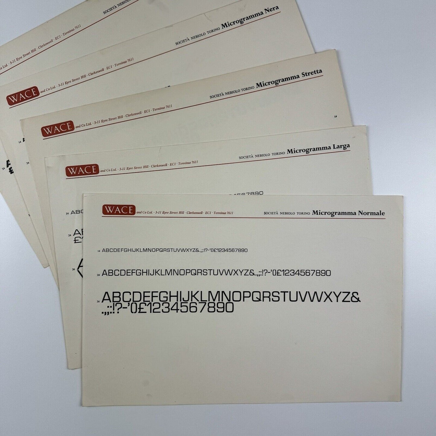 Società Nebiolo Microgramma type specimens x 5 printer Wace and Co Ltd, undated