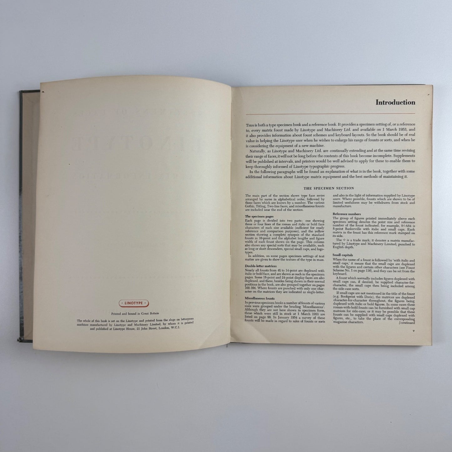 Specimens of Faces Linotype Matrix Information July 1953