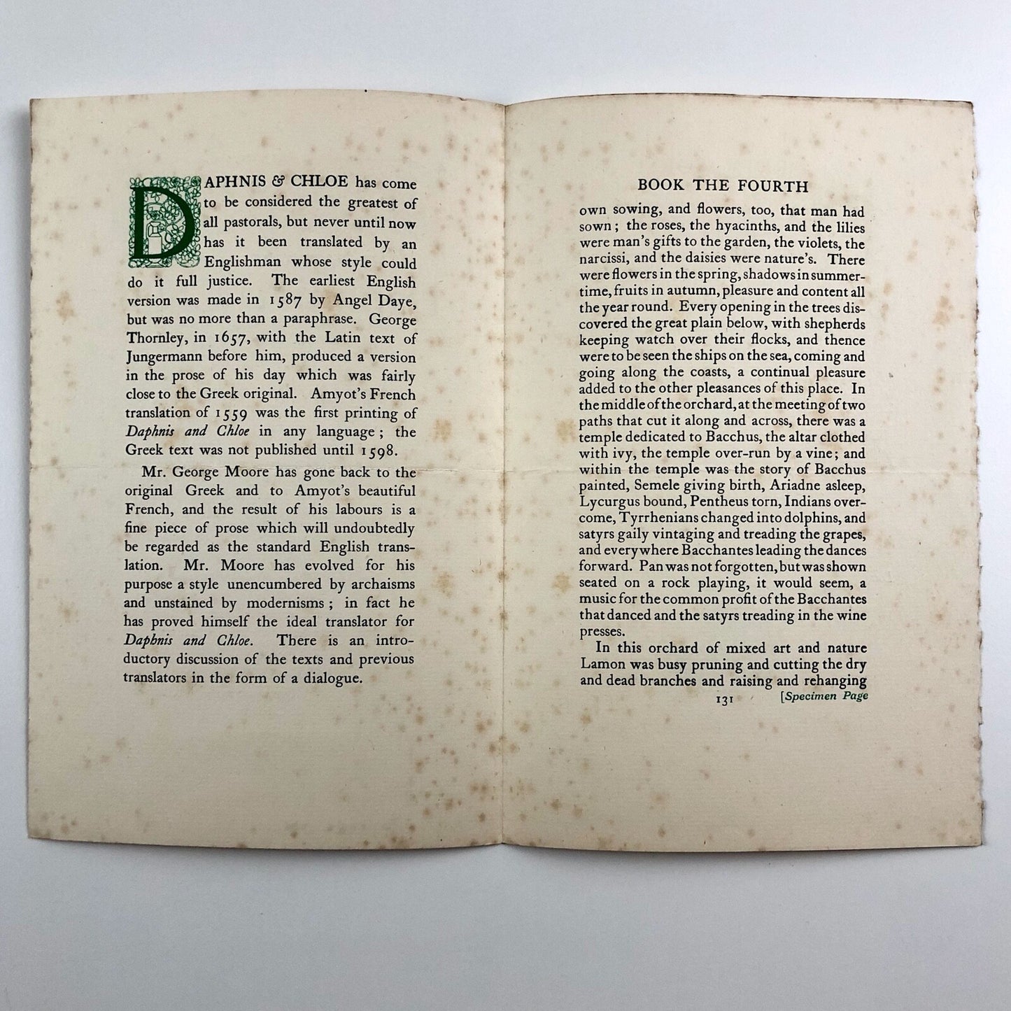 Prospectus – The Pastoral Loves of Daphnis & Chloe | Translation George Moore | William Heinemann | Undated, presumed to be c.1924