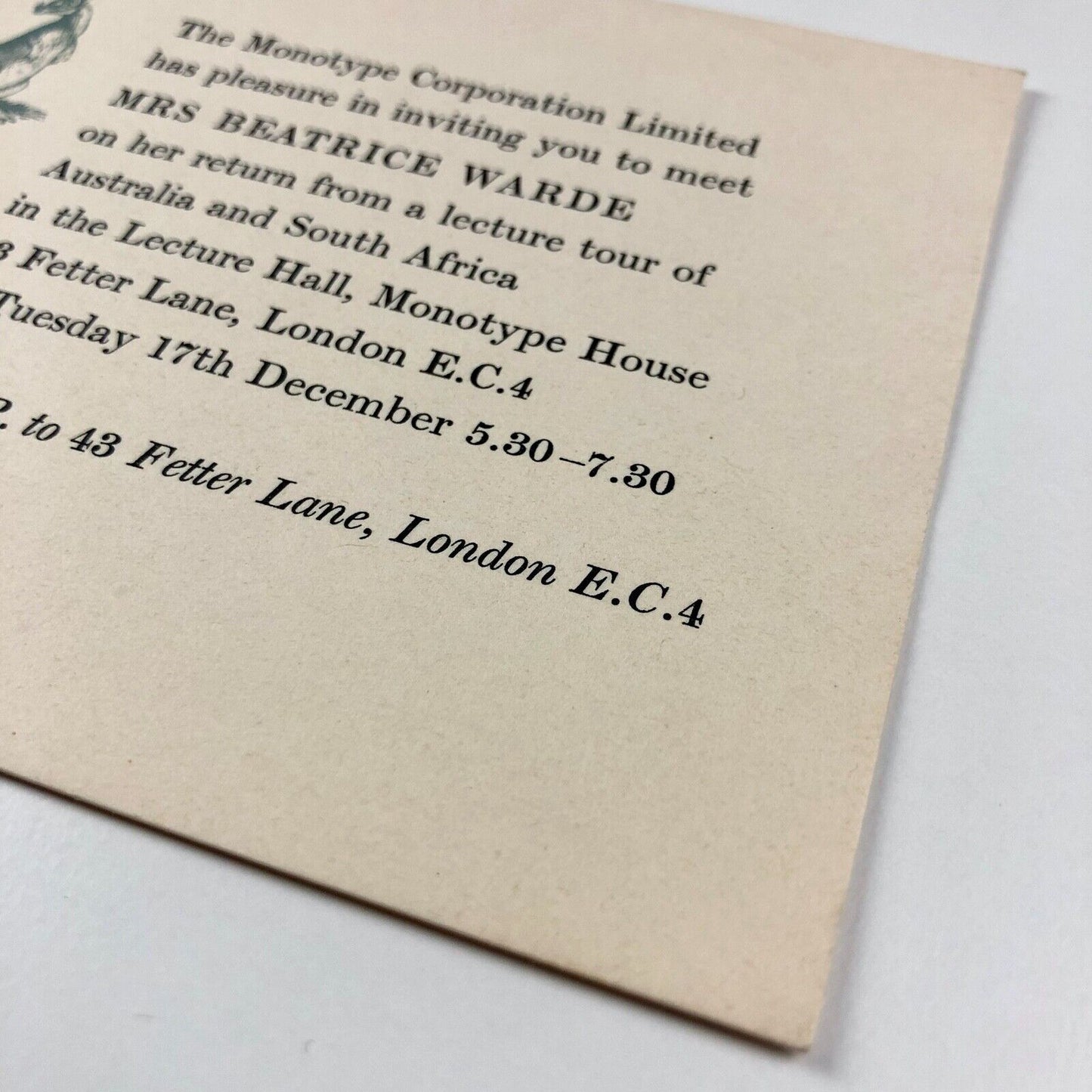 Monotype Corporation invitation card Beatrice Warde 1957