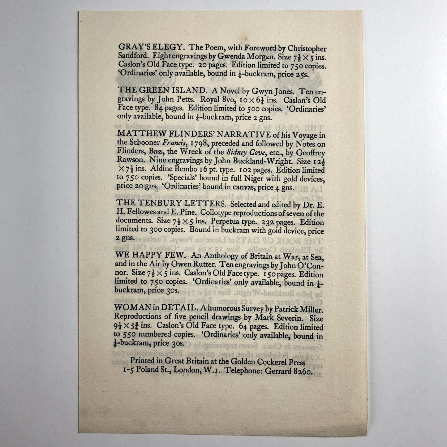 The Golden Cockerel Press 2-page leaflet – Books in Stock for July 1948