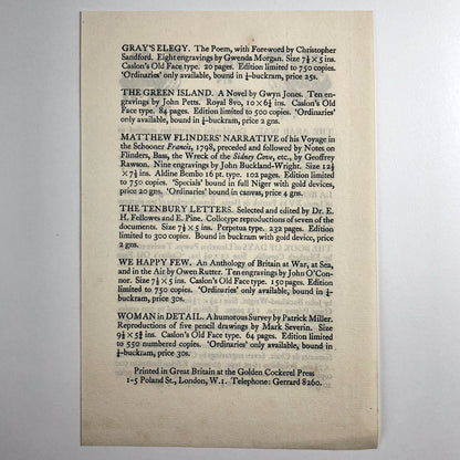 The Golden Cockerel Press 2-page leaflet – Books in Stock for July 1948