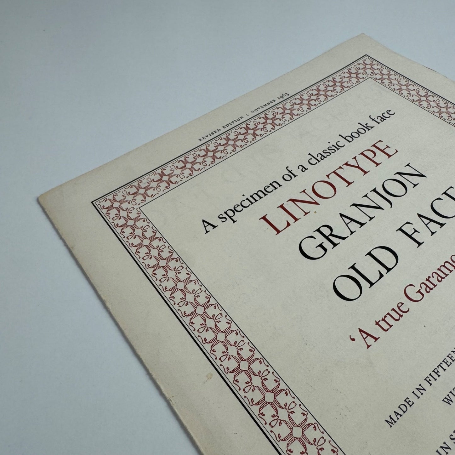 Type specimen sheet: A specimen of a classic book face Linotype Granjon Old Face, 1963