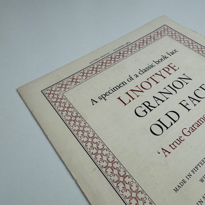 Type specimen sheet: A specimen of a classic book face Linotype Granjon Old Face, 1963
