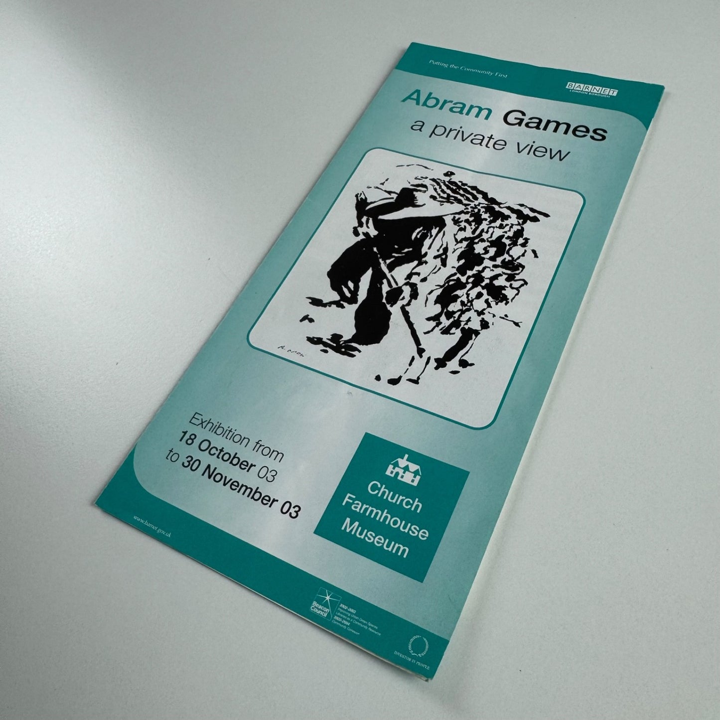 Promotional leaflet for Abram Games a private view exhibition and Spike Milligan an exhibition of bits, or a bit of an exhibition | Church Farmhouse Museum 2003