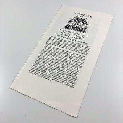 Prospectus for Newhaven Dieppe. Recollections and some History of the Town of Dieppe by Frank Martin with wood engravings by Frank Martin | The Previous Parrot Press c.1986