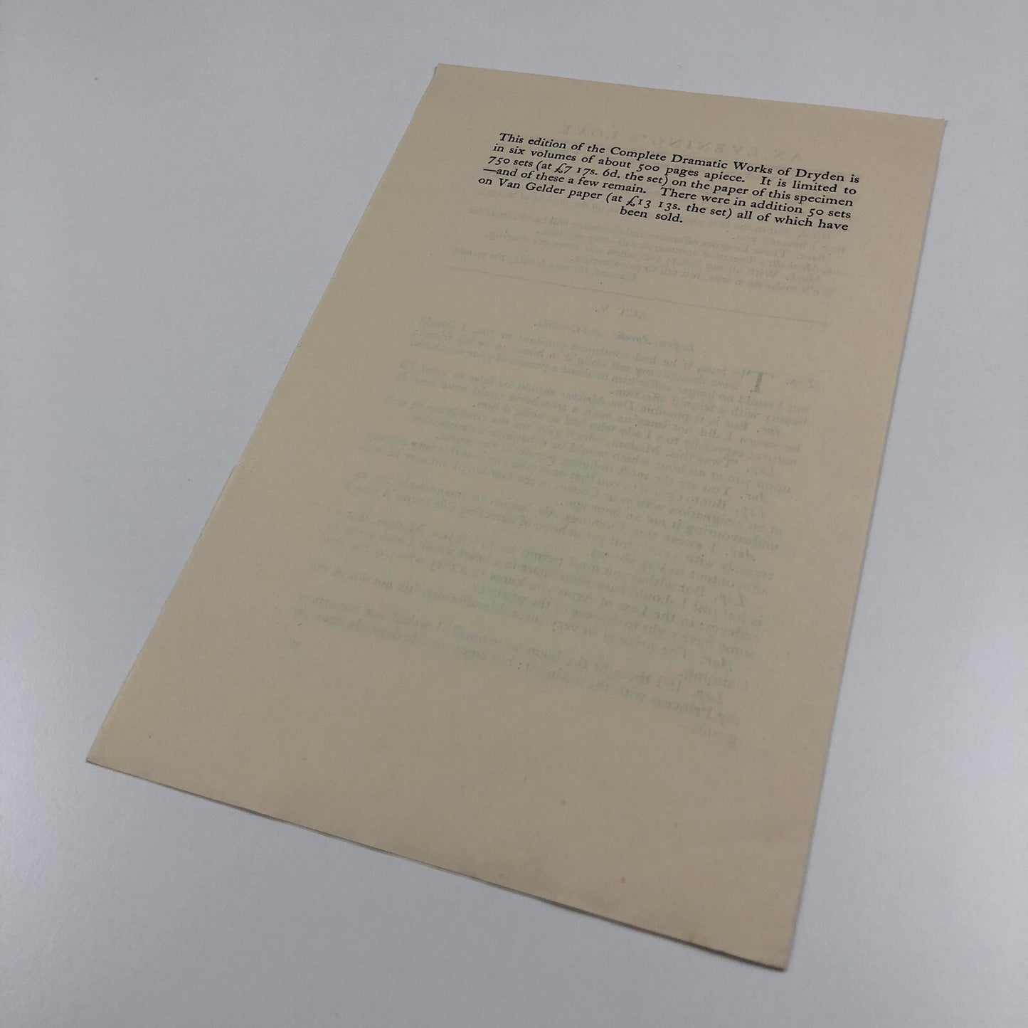 Prospectus – Dryden The Dramatic Works | Edited by Montague Summers | Nonesuch Press 1931