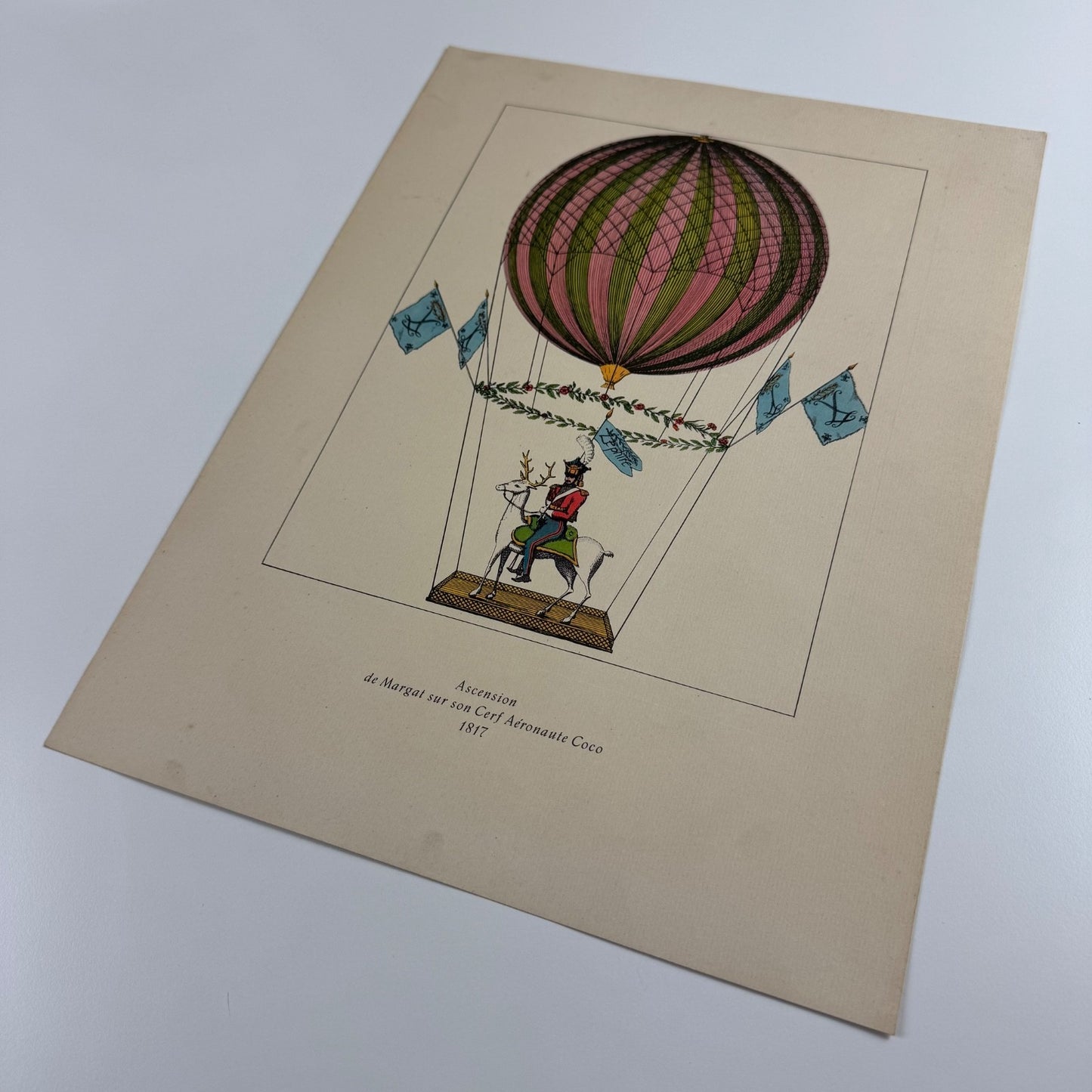 Coloured print of Ascension de Margat Sur son Cerf Aéronaute Coco in 1817, Aerial Press 1956