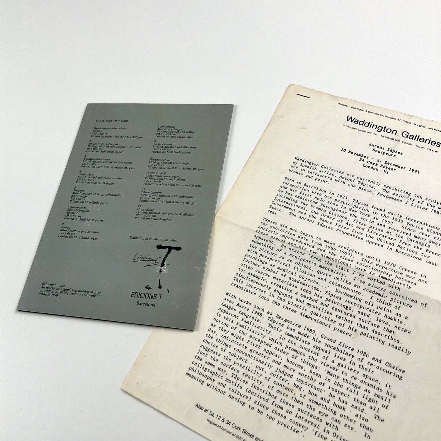 Folding card for Antoni Tapies Redfern Gallery 1992 | also typed insert for Antoni Tapies Sculpture Waddington Galleries 1991