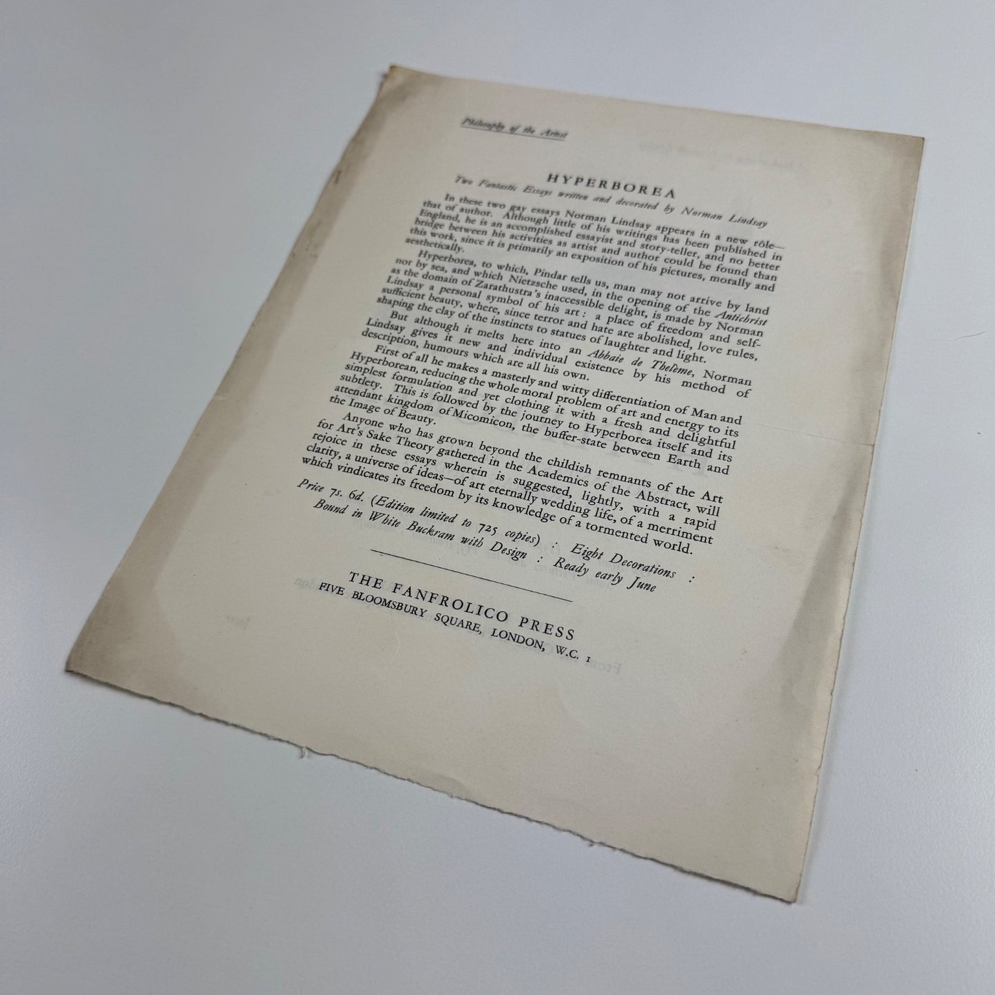 Promotional sheet for Hyperborea Two fantastic travel essays by Norman Lindsay | The Franfrolico Press c.1928