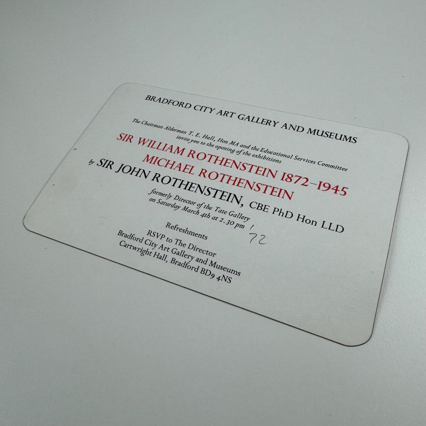 Private view invitation for Sir William Rothenstein 1872-1945 Michael Rothenstein Tate Gallery Bradford City Art Gallery opening held on 4 March 1972
