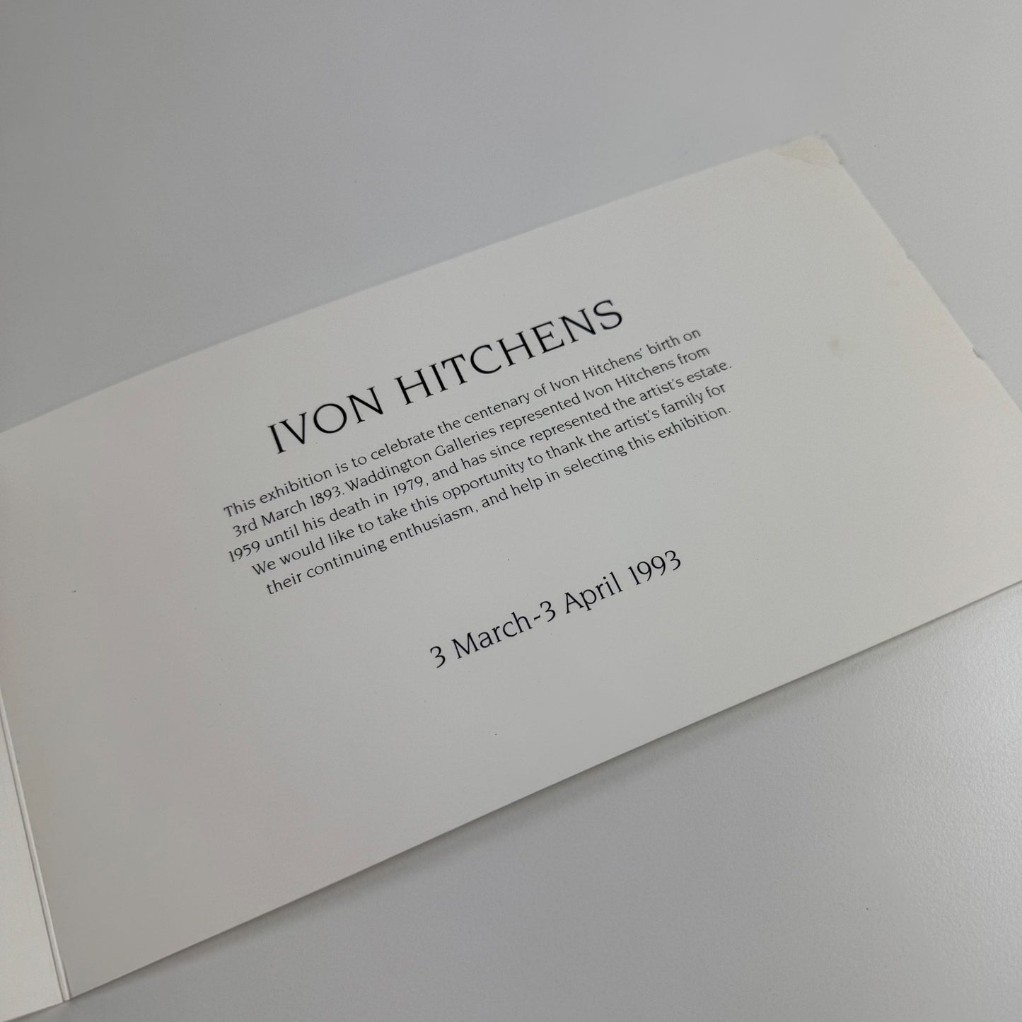 Promotional card for Ivon Hitchens Centenary exhibition Waddington Galleries 1993