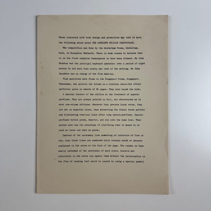 Leaflet: notes by Hans Schmoller on the Complete Pelican Shakespeare, c.1969