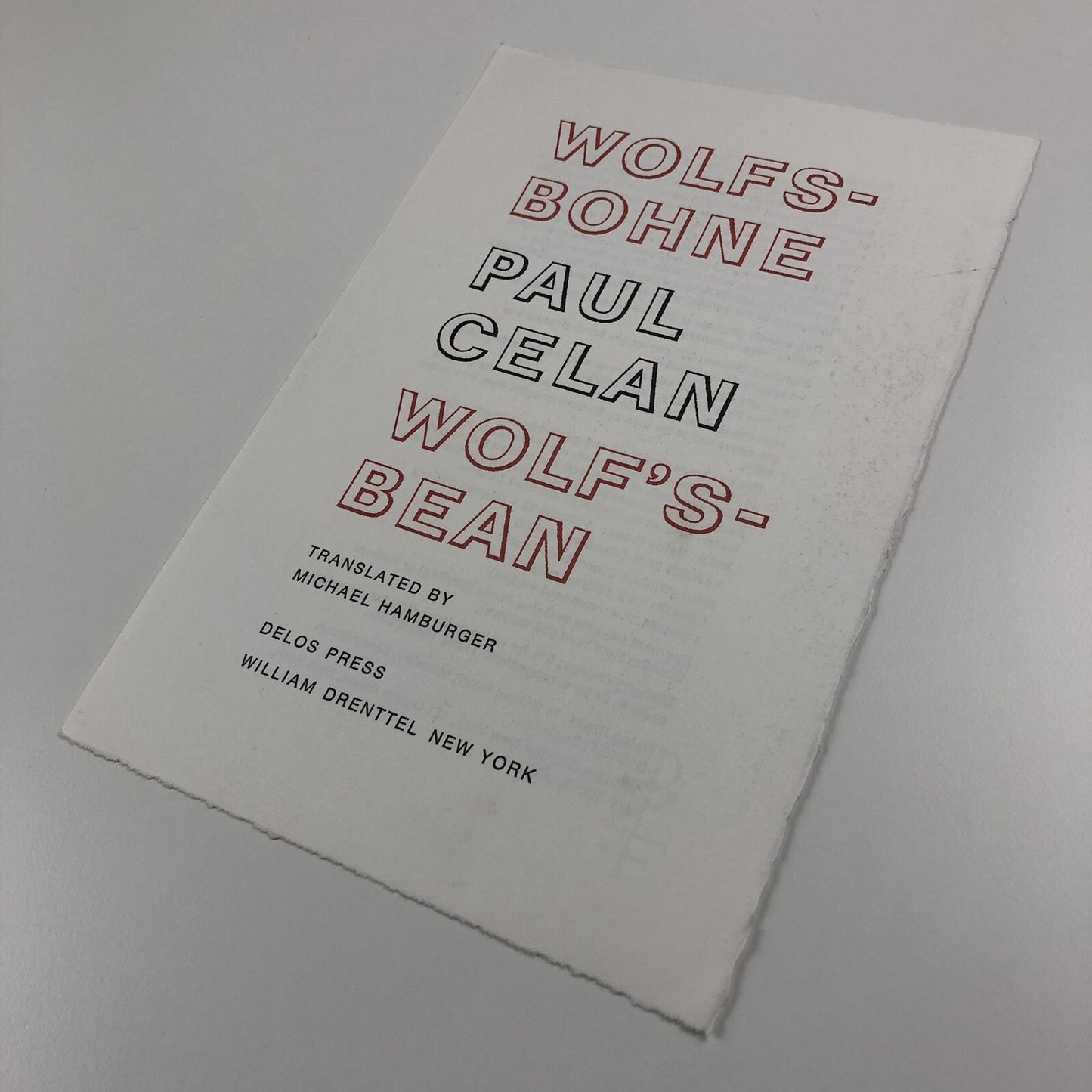 Prospectus – Wolfs-Bohne/Wolf’s-Bean by Paul Celan Delos Press/William Drenttel