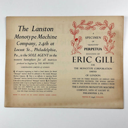 Lanston Monotype Machine Company, Philadelphia | Perpetua type specimen sheet | Eric Gill | Monotype Corporation, 1946