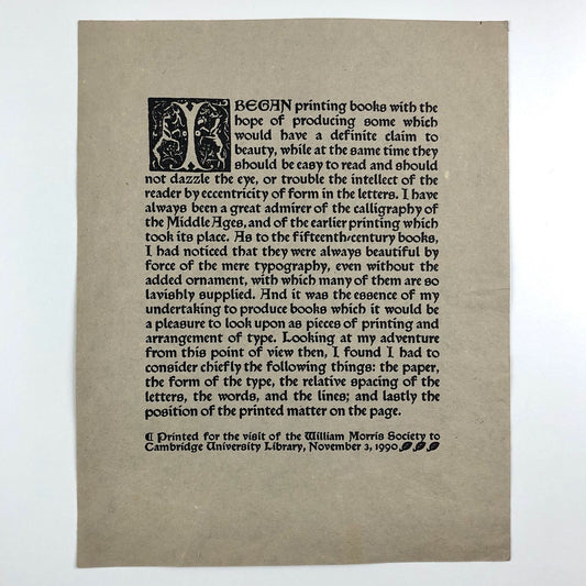 Printed keepsake – William Morris Society to Cambridge University Library | November 1990